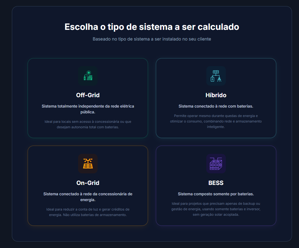 Escolha do tipo de sistema no Soffcal