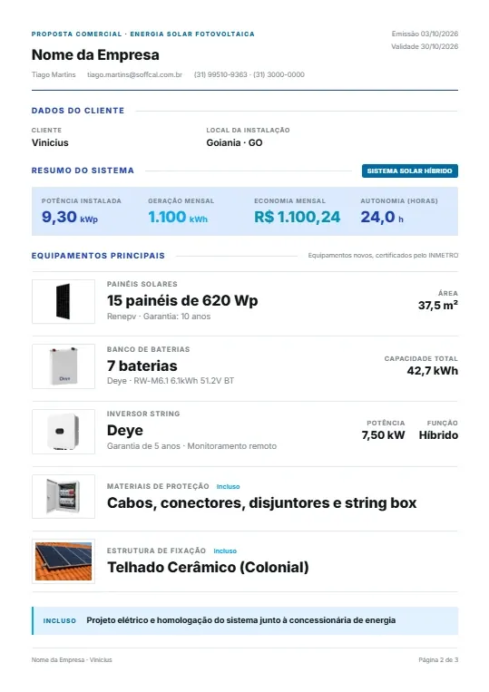Resumo do sistema e equipamentos na proposta